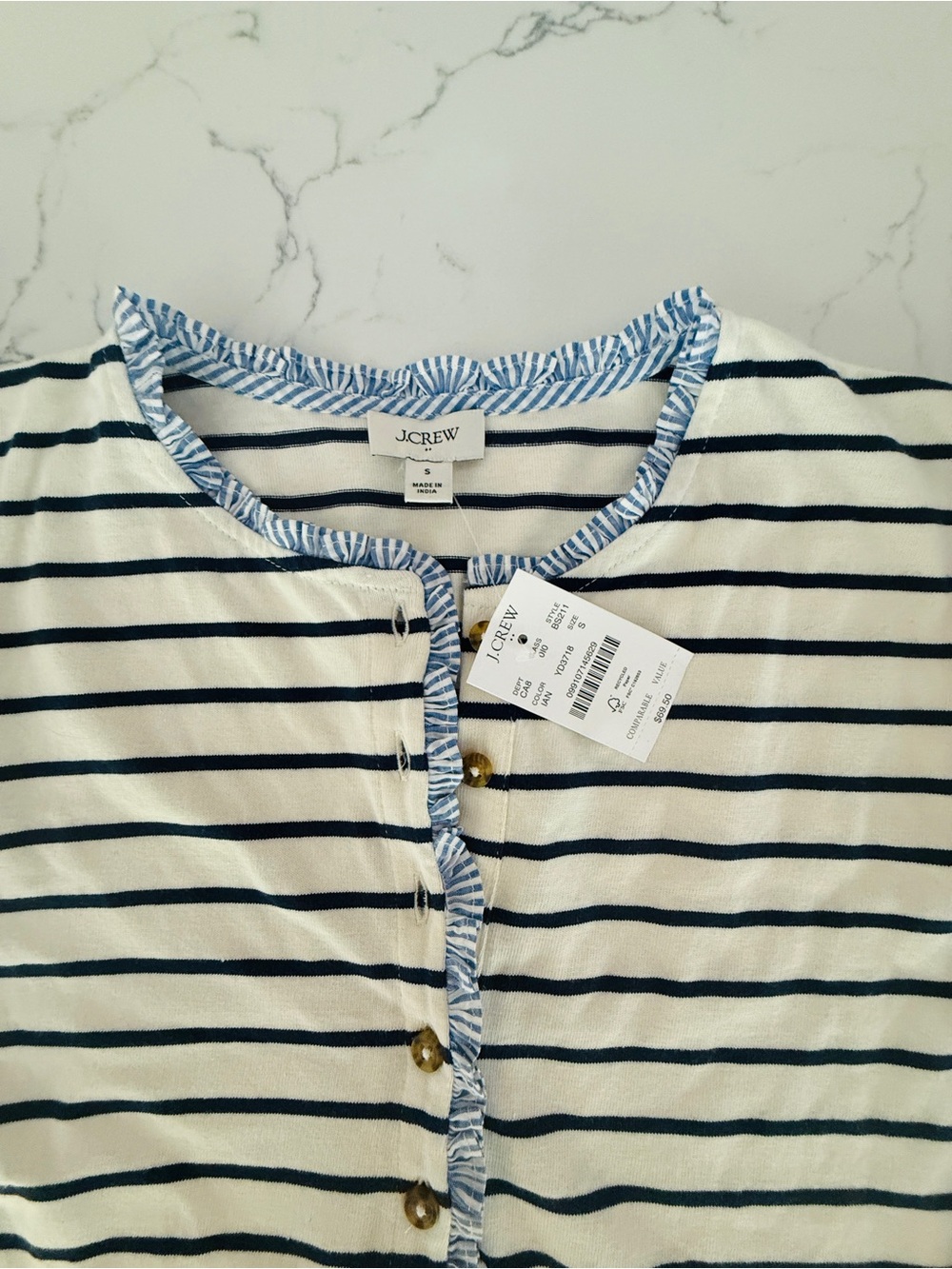Women’s J. Crew Navy and White Striped Button Front Top with Blue ruffle Trim